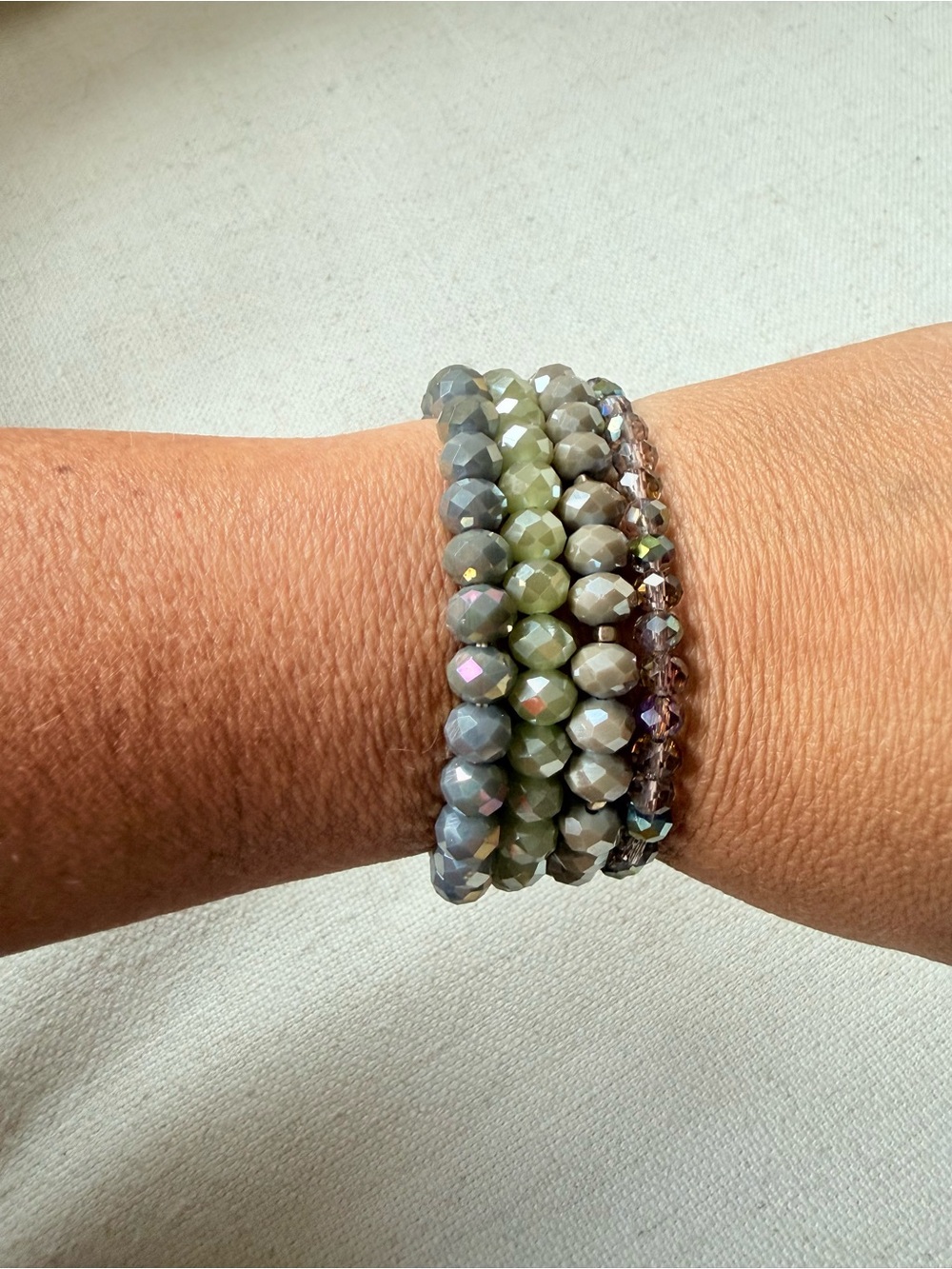 4 Neutral Faceted Glass Bead Bracelet Set - Olive, Gray & Taupe